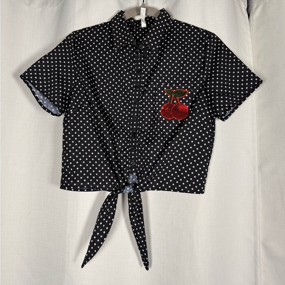 Costumes USA Retro Black and White Polka Dot Sequin Cherry Tie Crop Top - Picture 6 of 6